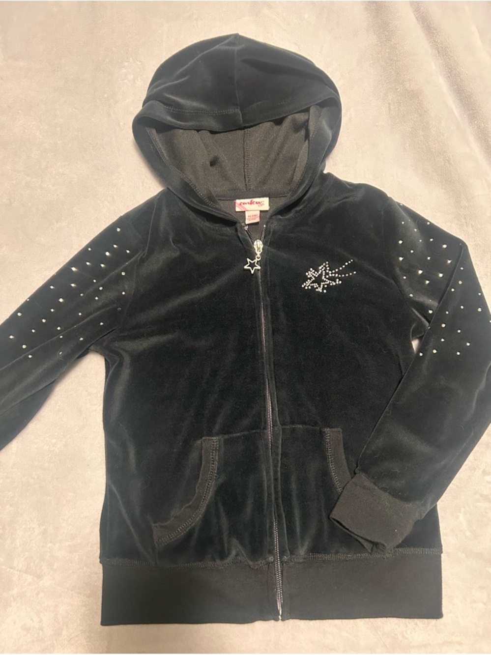 Curfew Girl Black Velour Hooded Zip-Up with Star Rhinestone Accents